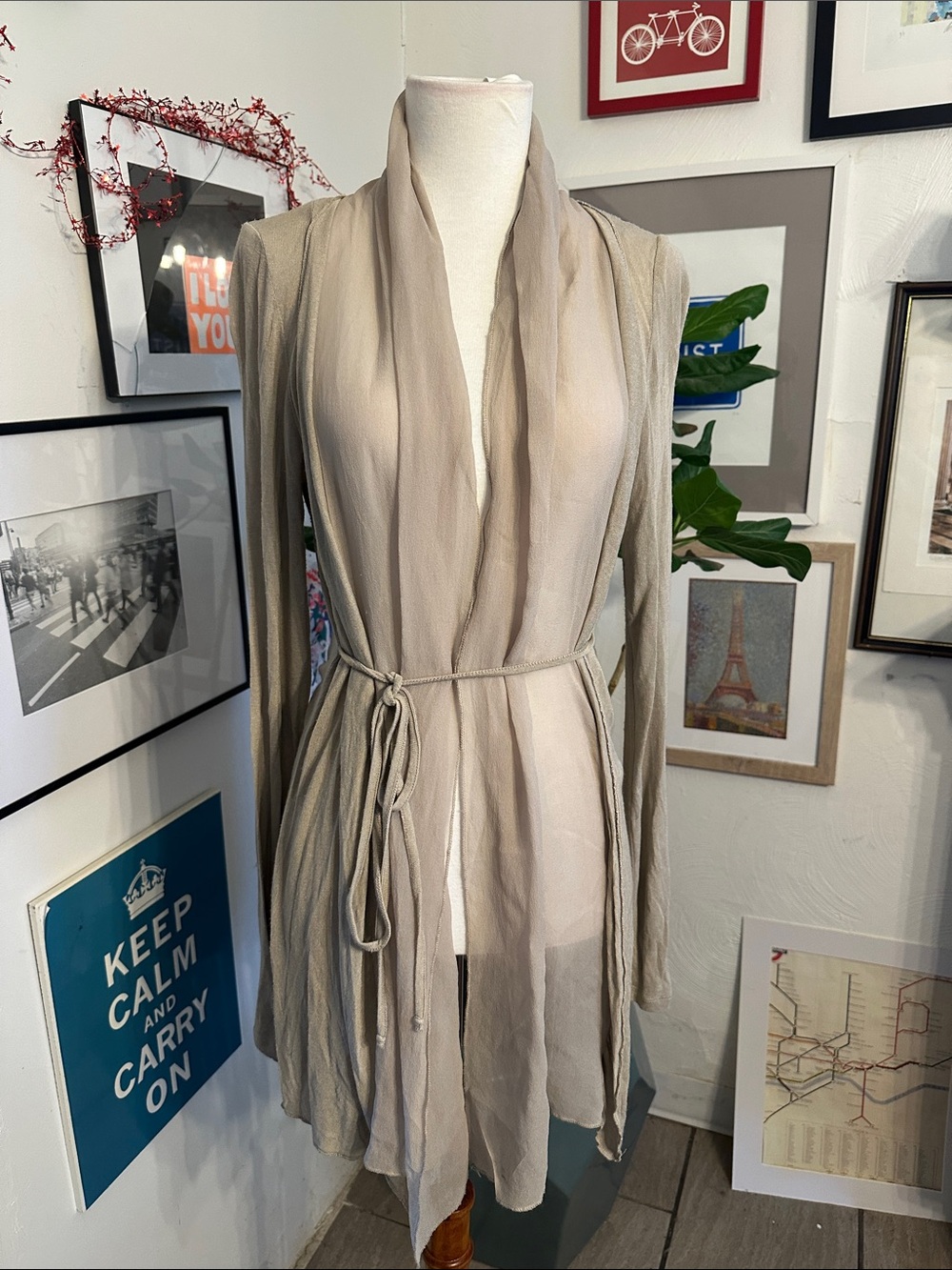 Women's Light Taupe Draped Open Front Cardigan with Self Tie Small
